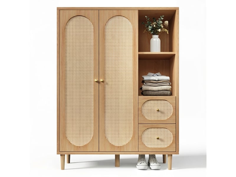  Armoire de chambre en chêne 2 portes avec 2 tiroirs, penderie et étagères, 161x120x48 cm, style campagne  - Conforama A