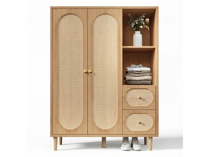 Armoire de chambre en chêne 2 portes avec 2 tiroirs, penderie et étagères, 161x120x48 cm, style campagne