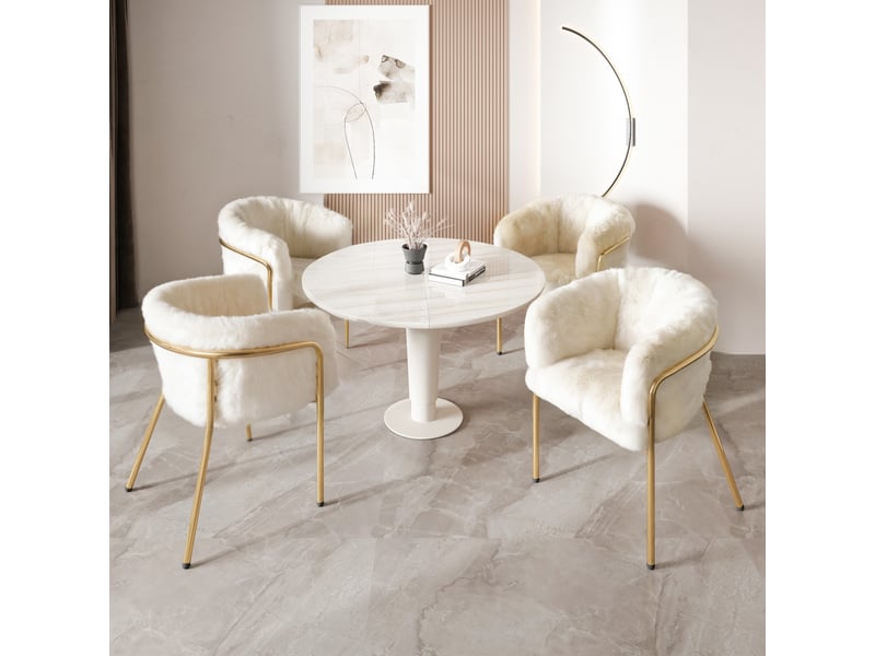  Lot de 4 chaises de salle à manger avec quatre pieds en métal, pour salon, luxe léger, chambre, imitation duvet de lapin, beige  - Conforama A