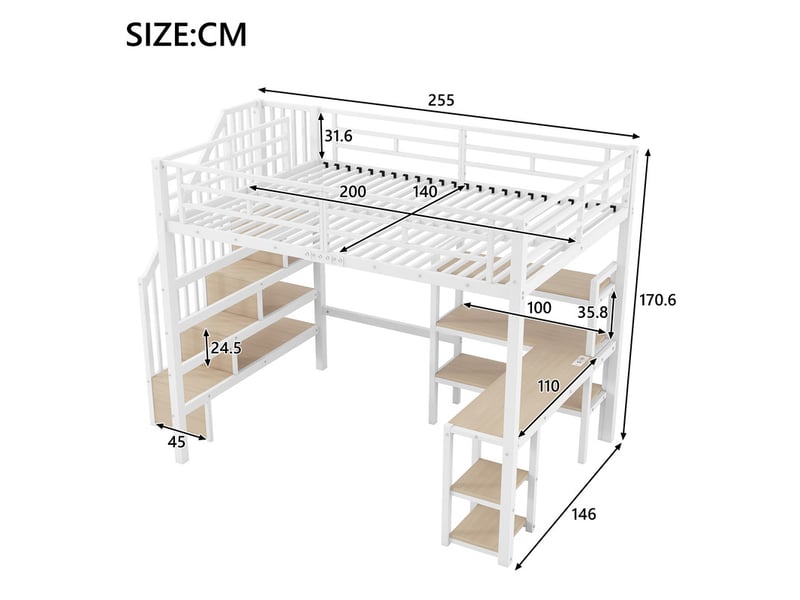 Lit mezzanine en métal 140x200 cm - avec bureau et échelle de rangement - port usb et éclairage led - blanc (sanas matelas)  - Conforama C