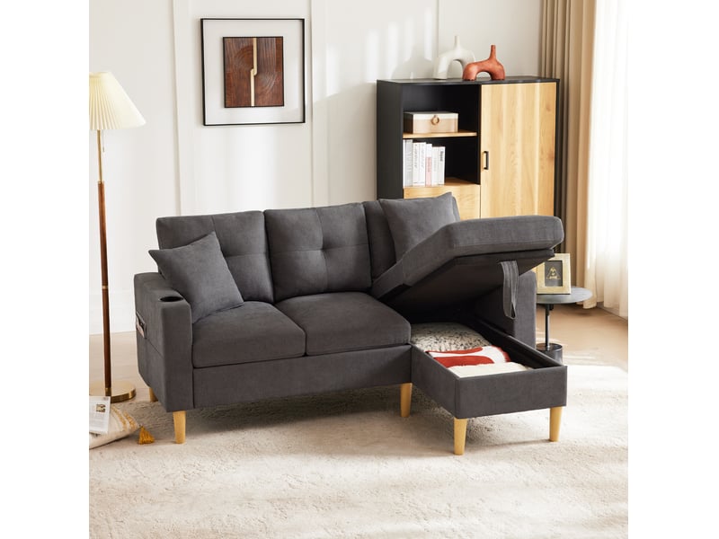  Canapé d'angle réversible 3 places modenvie avec méridienne rangement gris foncé 175 x 129 cm  - Conforama B
