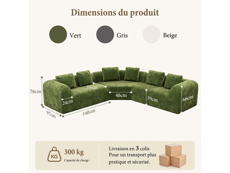  Canapé d'angle incurvé 3 places en tissu chenille premium,canapé compressé sans montage,mousse haute résilience,vert 326x97x66CM - Conforama E