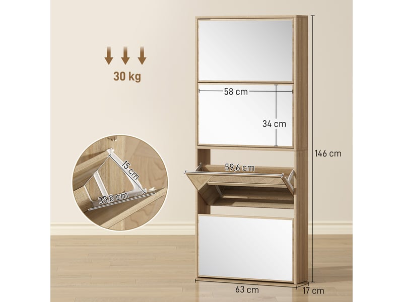 Meuble à chaussures étroit avec miroir et 4 portes battantes pour 12 paires de chaussures 63 x 17 x 146 cm naturel - Conforama D