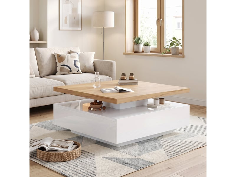  Table basse carrée rotative 360° blanche brillante et effet bois  - Conforama B