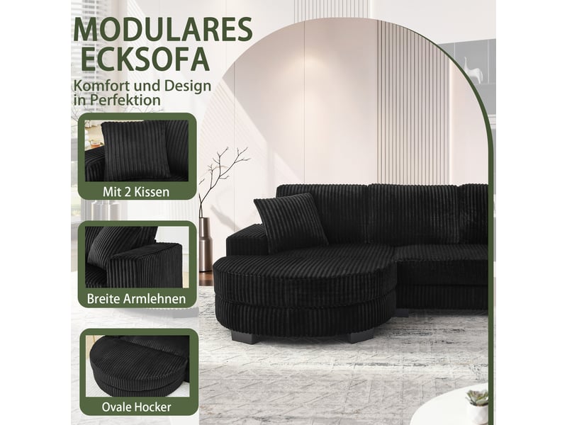  Canapé d'angle, canapé modulable – 4 places, en velours tricoté, coussins inclus, noir, avec pouf, 256,5 x 133,5 x 89 cm  - Conforama D