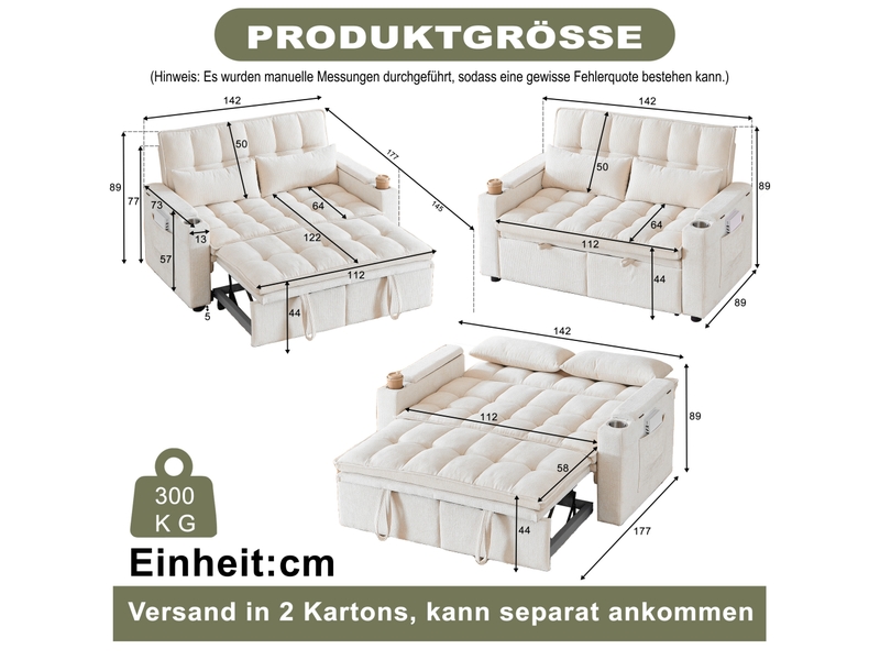  Canapé convertible 2 places 3-en-1 avec lit, rangements, poches, porte-gobelets et coussins lombaires en chenille beige  - Conforama E