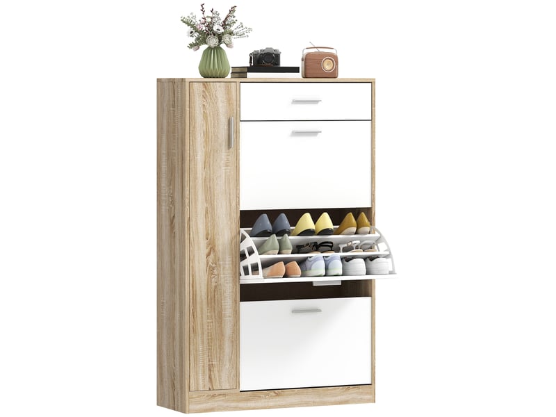  Meuble à chaussures 3 portes pour 18 à 27 paires de chaussures, étagère à chaussures moderne avec tiroir et porte, 84 x 30 x 132 cm, naturel  - Conforama A