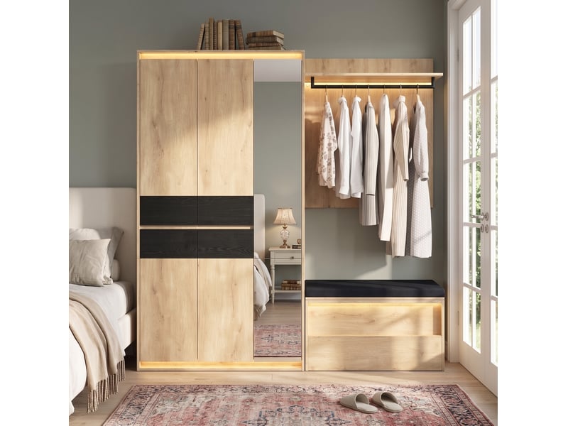  Meuble d'entrée avec miroir, assise, 3 tringles, 4 tiroirs et led, finition chêne et anthracite, en mdf, 200 × 47 × 200 cm  - Conforama B
