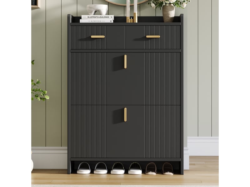  Meuble à chaussures - 75x24x108,5cm - meuble d'entrée étroit avec 2 tiroirs, 2 abattants, niche ouverte - noir et doré  - Conforama C
