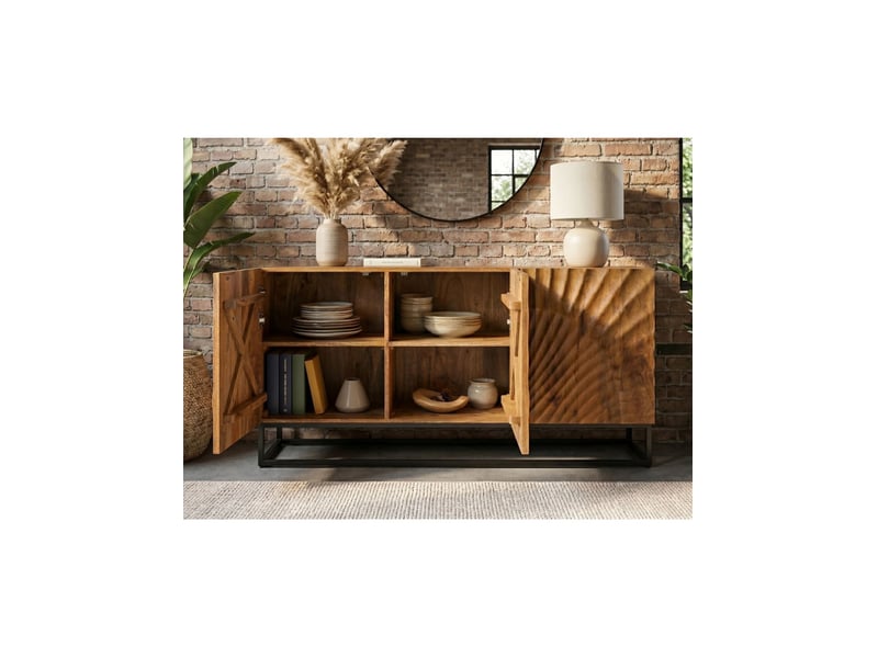  Buffet silva 140 cm en bois massif de manguier sculpté – 3 portes et piètement métal noir  - Conforama E