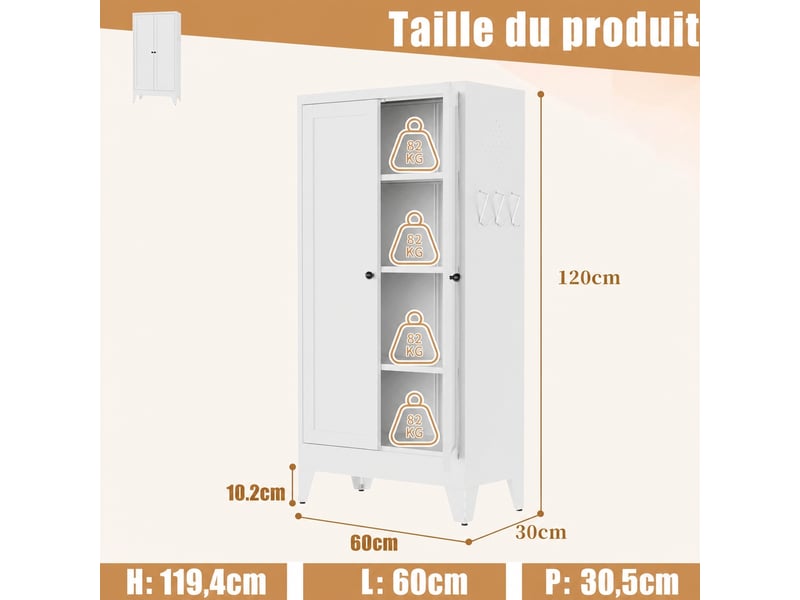  Armoire de rangement métallique blanche à 3 étagères réglables, 60 × 30 × 120 cm  - Conforama C