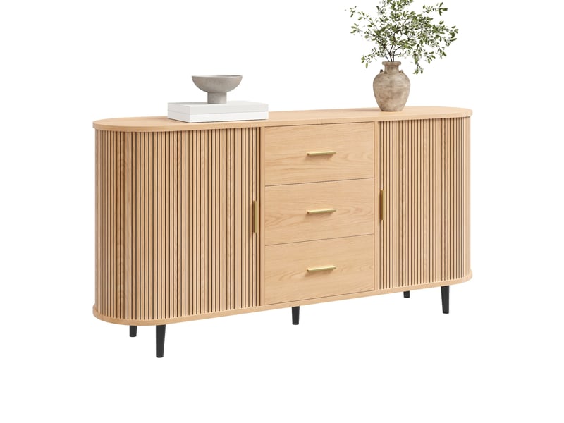 Buffet 160x40x80,5 cm avec 3 tiroirs, portes coulissantes et décor rainuré naturel - Conforama A