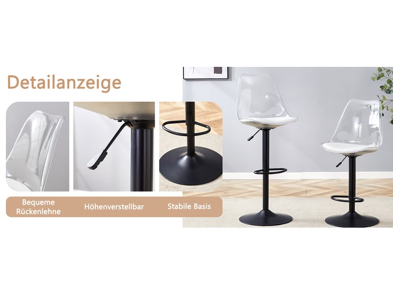 Lot de 2 tabourets de bar transparents, hauteur réglable 60-80 cm, pivotant à 360 degrés, pieds en métal noir  - Conforama D