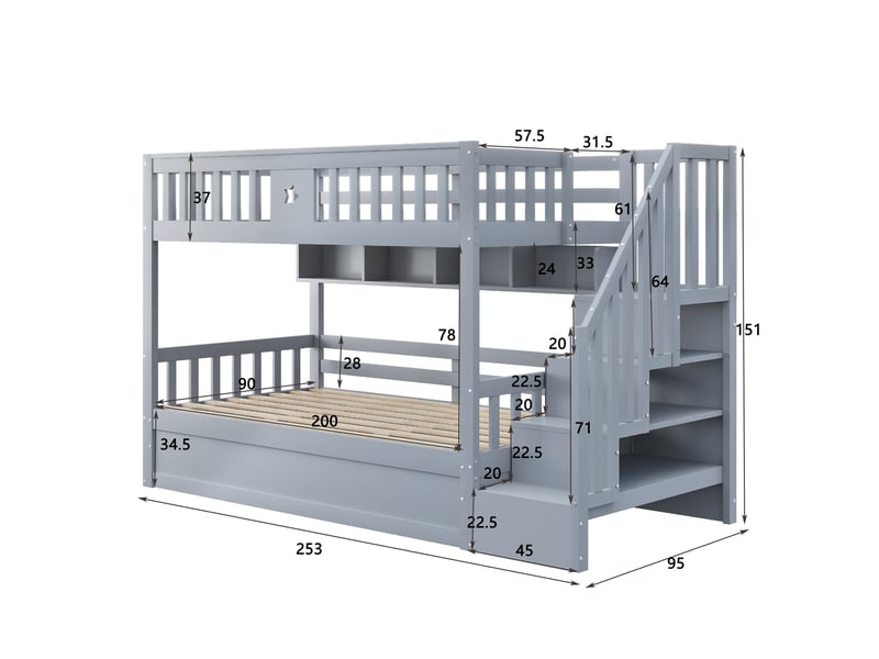 Lit mezzanine enfant 90 x 200 cm, couchage bas avec rangement hydraulique, escalier de rangement et étagères, gain de place, bois, gris ABC - Conforama C