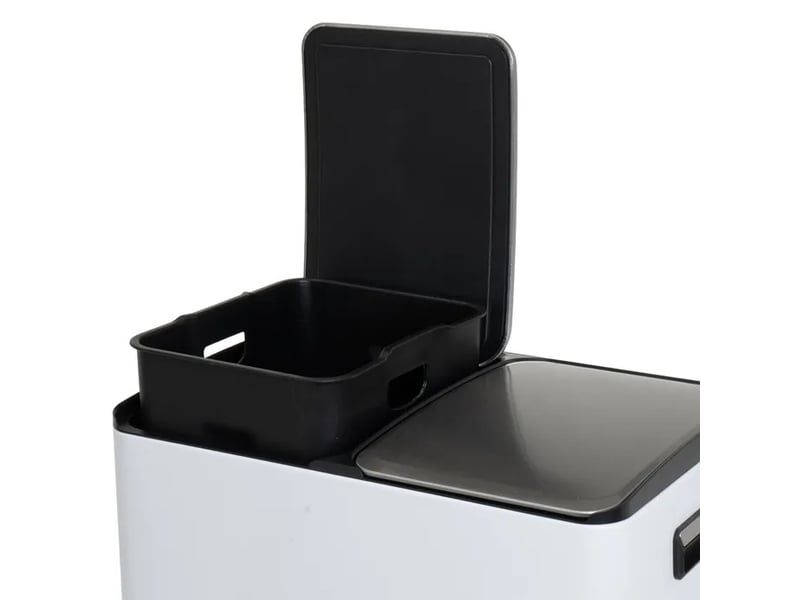  Poubelle de tri sélectif rectangulaire 60l (2x30l) à double compartiment en métal blanc anti-traces avec deux pédales indépendantes - longueur 45 x profondeur 36 x hauteur 71,5 cm  - Conforama C