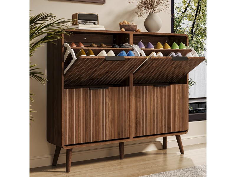  Meuble à chaussures 105x24x90 cm style nordique, double rangement grande capacité pour 18-24 paires, mdf, effet noyer Sol Morn - Conforama D
