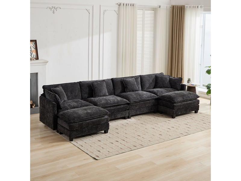  Canapé droit modulable 4 places 380 × 75 × 84 cm en chenille noir, coussins rembourrés IKSETERA TRADING LTD - Conforama D