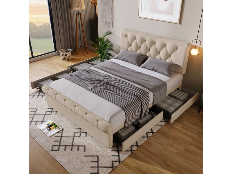  Lit capitonné avec tête de lit réglable, 4 tiroirs, matelas, naturel, 140 x 200 cm  - Conforama D