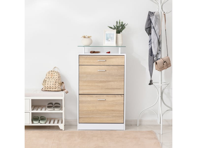  Armoire à chaussures meuble rangement chaussures 2 portes abattantes 2 compartiments, plateau en verre - bois chêne blanc, tiroir  - Conforama W