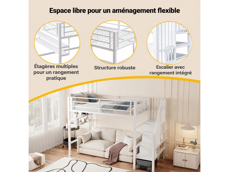  Lit mezzanine enfant 90 x 200 cm avec étagères et échelle de rangement, structure en métal et mdf blanc  - Conforama W