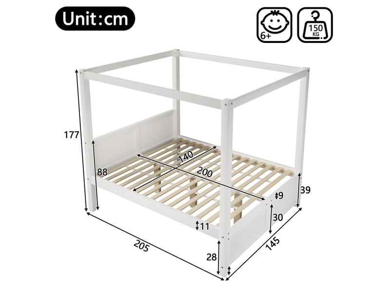  Lit à baldaquin 140x200 cm cadre décoratif mdf bois blanc sans matelas  - Conforama E