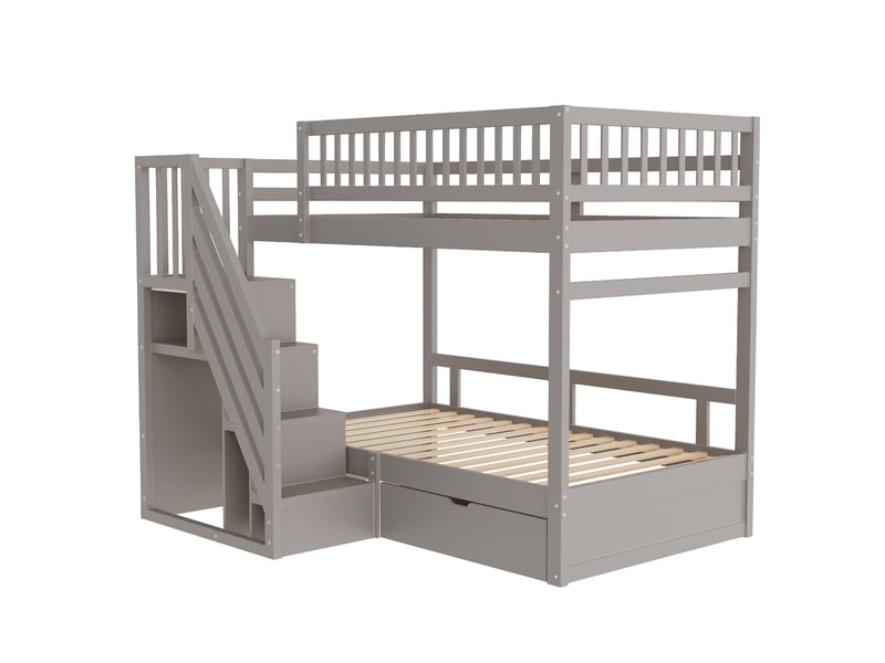  Lit superposé enfant 90x200 cm – gris – escalier de rangement, tiroirs et sommiers à lattes intégrés  - Conforama D