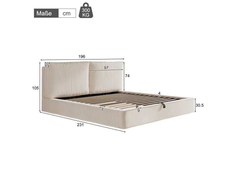 Lit rembourré double 180x200cm hydraulique avec sommier à lattes tête de lit rembourrée beige velours - Conforama C