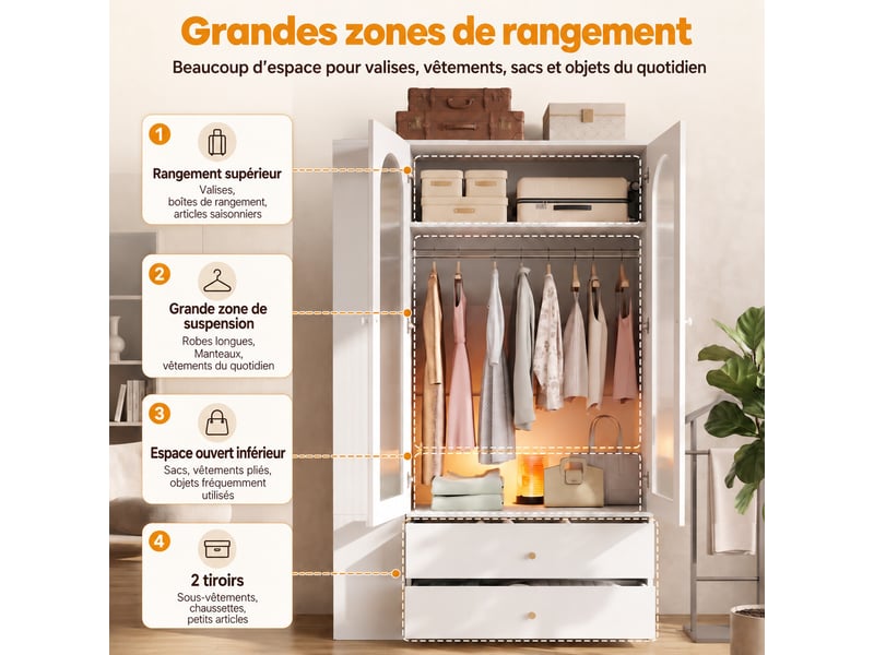  Armoire de chambre - 2 portes vitrées à battantes - 4 tiroirs et 2 tringles - 120 x 50 x 200 cm - blanc  - Conforama D
