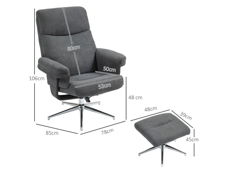  Fauteuil relax avec pouf inclinable jusqu’à 130° en polyester avec structure en bois et pieds en acier, gris foncé  - Conforama C