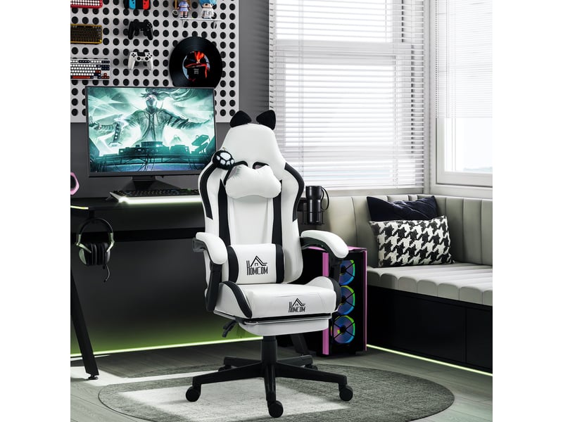  Fauteuil de jeu inclinable avec hauteur réglable, repose-pieds rétractable, soutien lombaire et appui-tête amovible - blanc  - Conforama C