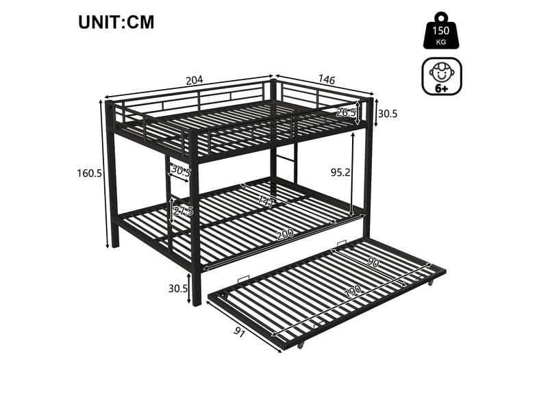  Lit superposé 140 x 200 cm, structure fer, avec lit gigogne, barrières hautes, noir, sans matelas  - Conforama E