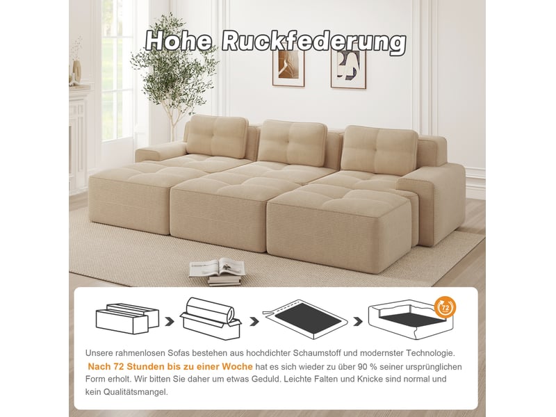  Canapé d'angle modulaire 3 places avec fonction couchage et 3 poufs en velours côtelé beige, 293 × 177 × 69 cm  - Conforama E