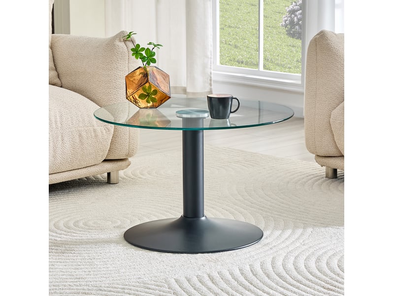  Table basse ronde avec plateau en verre trempé et piètement métal, style moderne, en verre et métal, noir, 70 × 45 cm  - Conforama C