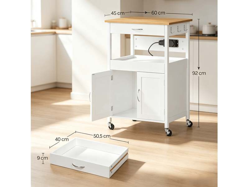  Desserte de cuisine à roulettes 60x45x92 cm avec 2 prises, blanche et effet bambou  - Conforama E