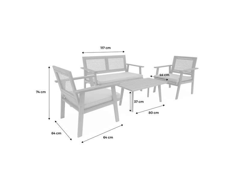 Salon de jardin. Bohémia. Cannage carré. Canapé 2 places. 2 fauteuils. 1 table basse 117x64x74 cm  - Conforama C