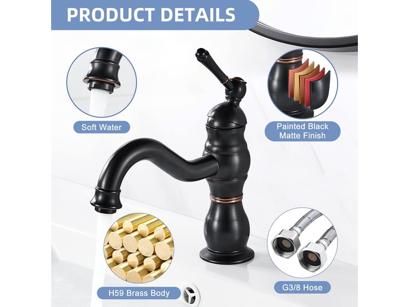  Robinet lavabo noir rétro, pivotant à 360° robinet salle bain, monocommande mitigeur lavabo en laiton, rétro robinets de lavabo avec chaude  - Conforama B