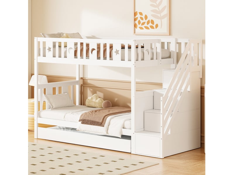 Lit superposé enfant 90x200 cm avec lit gigogne, escalier de rangement blanc - Conforama B