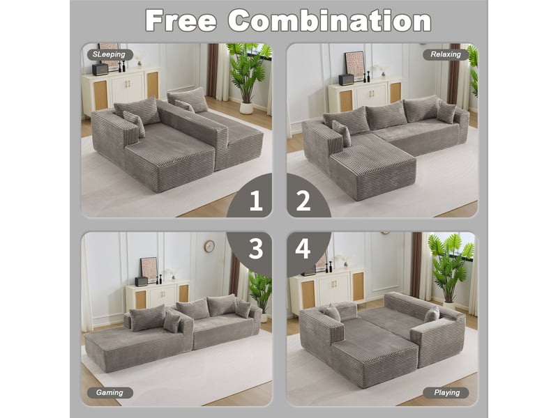  Canapé d’angle modulaire avec méridienne, canapé modulable 2 places, tissu velours côtelé gris  - Conforama D