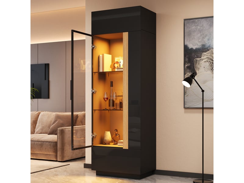  Vitrine haute 60x40x180 cm, éclairage led, commande par application, portes vitrées, grand rangement pour salon et séjour - noir  - Conforama E
