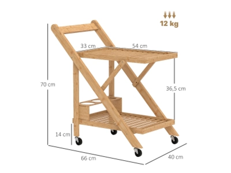  Desserte de cuisine pliante à roulettes avec range-bouteilles 3 bouteilles - lpospi - freins, bambou bois naturel 66 × 40 × 70 cm  - Conforama D