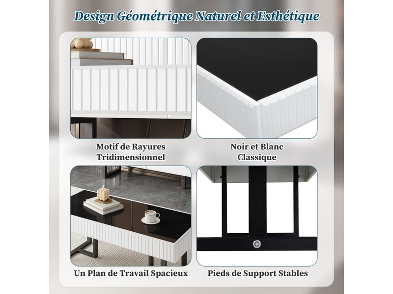  Table basse design 110x50,5x41 cm avec plateau noir laqué, structure mdf et panneau de particules, noir et blanc  - Conforama E