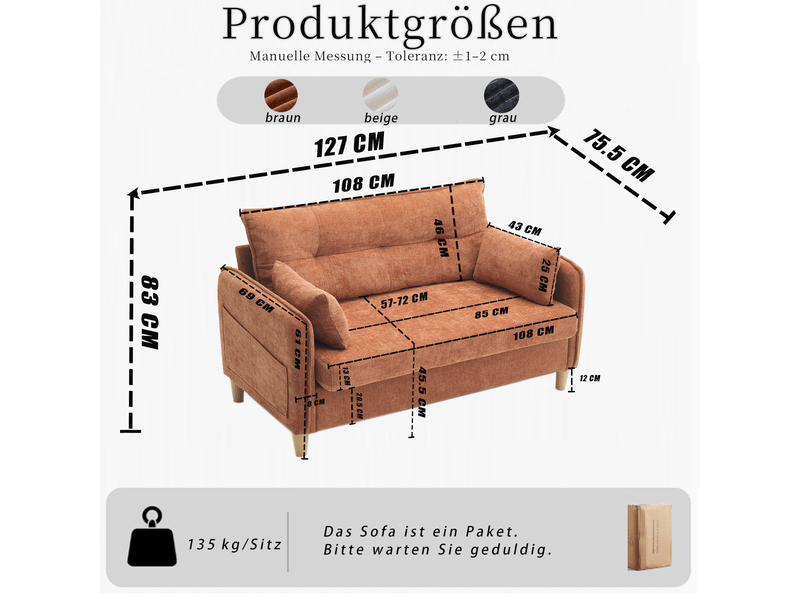 Canapé 2 places en tissu chenille brun avec accoudoirs, coussins inclus et rangement latéral intégré - Conforama C