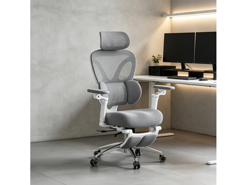  Fauteuil de bureau ergonomique gris avec repose-pieds, appui-tête et soutien lombaire  - Conforama D