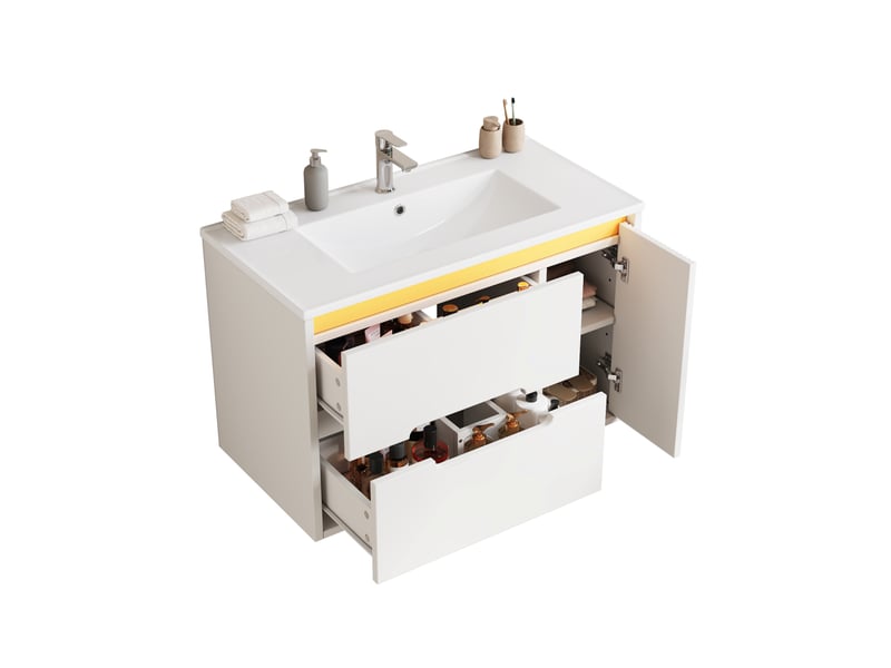  Meuble vasque mural blanc 81 cm avec lavabo céramique, led, portes soft-close et étagères réglables  - Conforama D