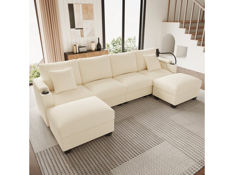  Canapé d'angle, canapé convertible, en velours tricoté, beige, usb, pour salon, appartement, chambre  - Conforama R