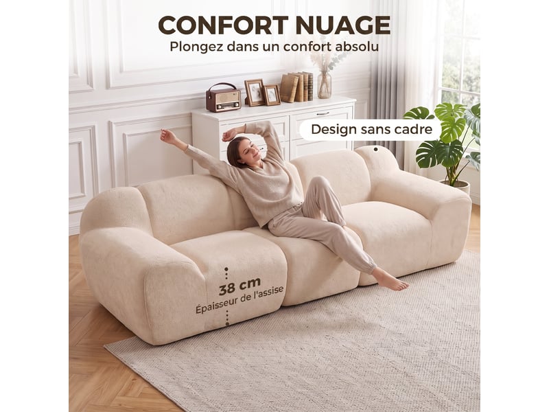  Canapé 3 places 233 cm, canapé salon en chenille moderne avec assise profonde, accoudoirs larges, beige  - Conforama R