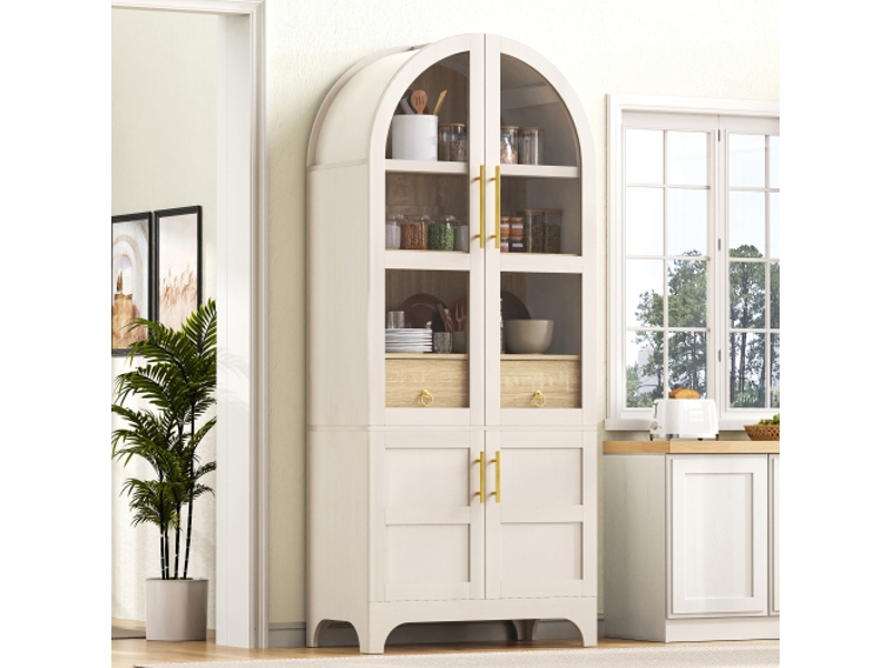  Buffet haut blanc avec étagères réglables et tiroir – verre strié, grand rangement – cuisine, salon, salle à manger  - Conforama B