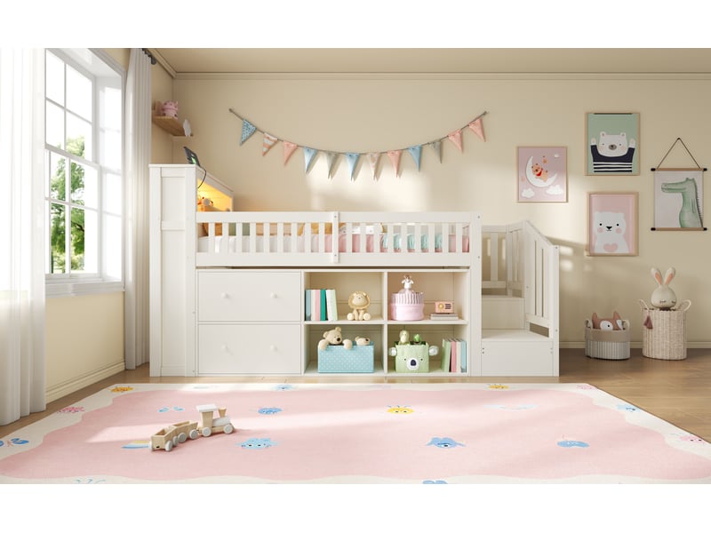  Lit mi-hauteur 90x200 cm blanc, tiroirs, rangements, armoire avec échelle, éclairage led, sans matelas  - Conforama B