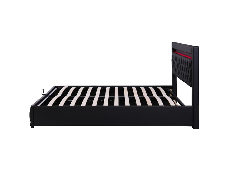  Lit coffre 160x200cm avec espace de rangement, éclairage led, sans matelas, design moderne, pu, couleur noir  - Conforama D