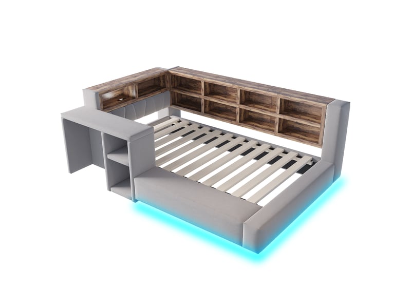 Lit capitonné 90 x 200 cm gris foncé, rangements étagés, led, prises intégrées, table d'appoint et tête rembourrée confortable  - Conforama A